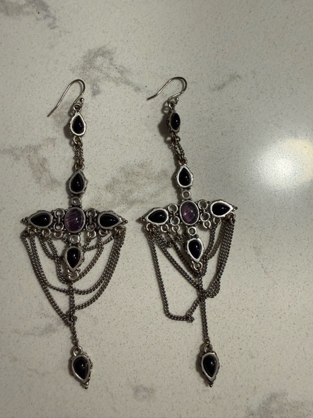 Lucky Brand Silver-Tone Black and Purple Dangle Earrings